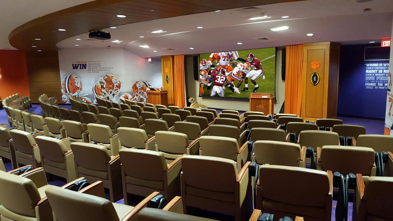 Clemson University, Allen N. Reeves Football Complex, Clemson Tigers, HOK, Training Facility, Football Operations Center, ACC Network, AV Solutions, AV Technology, Projection Systems, IPTV, Distributed TV, LED, Digital Signage, Broadcast Engineering, Broadcast and Production Controls, Infrastructure Cabling, Campus Fiber System, Audio, Lighting, AV Consultant, Owner’s Representative, College Sports, College Football, NCAA Division 1, NCAA Champions, NCAA Championship, Locker Room AV