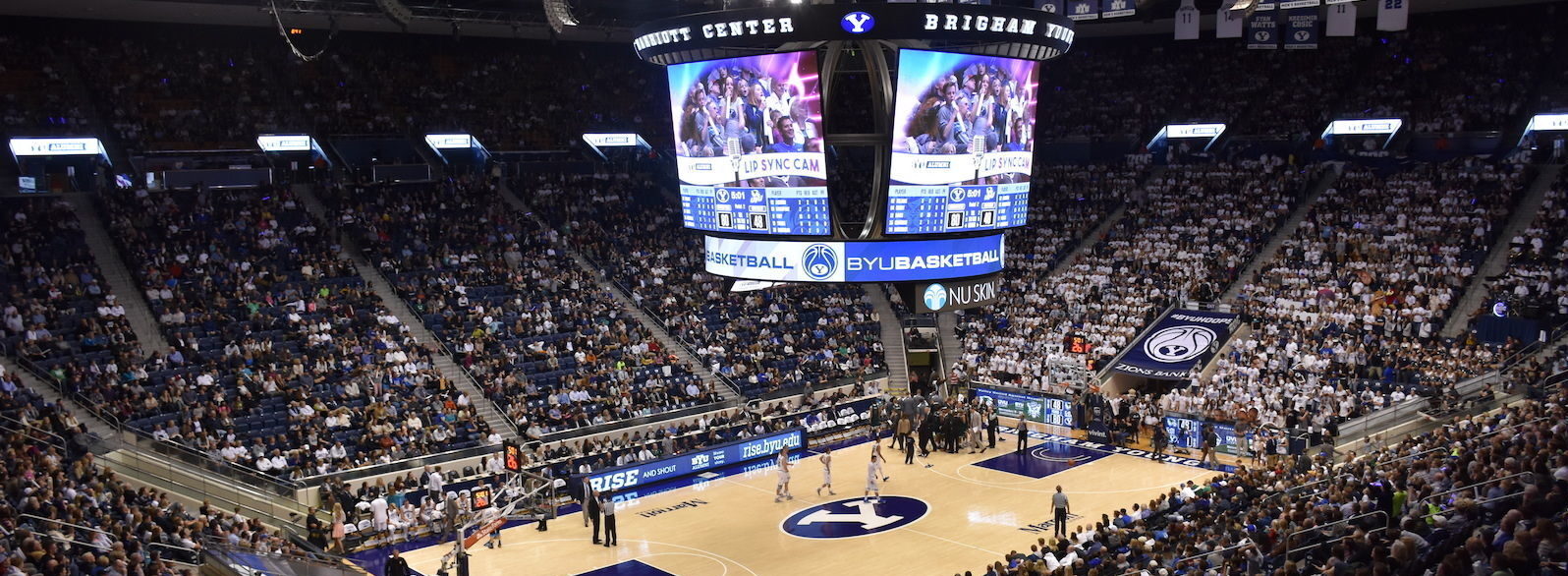 Anthony James Partners, AJP, Brigham Young University, BYU, High-density Wi-Fi, WiFi, DAS, WiFi/DAS, Aruba Wi-Fi, in-game app, Marriott Center, arena, College Sports, collegiate sports, basketball, led display, videoboard, video board, scoreboard, center hung, centerhung, center-hung, NCAA, men’s basketball, intercollegiate, AV Consultant, A/V consultant, Owner’s Representative, scoreboard, LED displays, Broadcast Cabling, Infrastructure Cabling, Control Room, Arena Audio, Arena Sound Reinforcement, Stadium Sound Reinforcement, College Football, Cougars, BYU Cougars, Lavell Edwards, High Density Wi-Fi